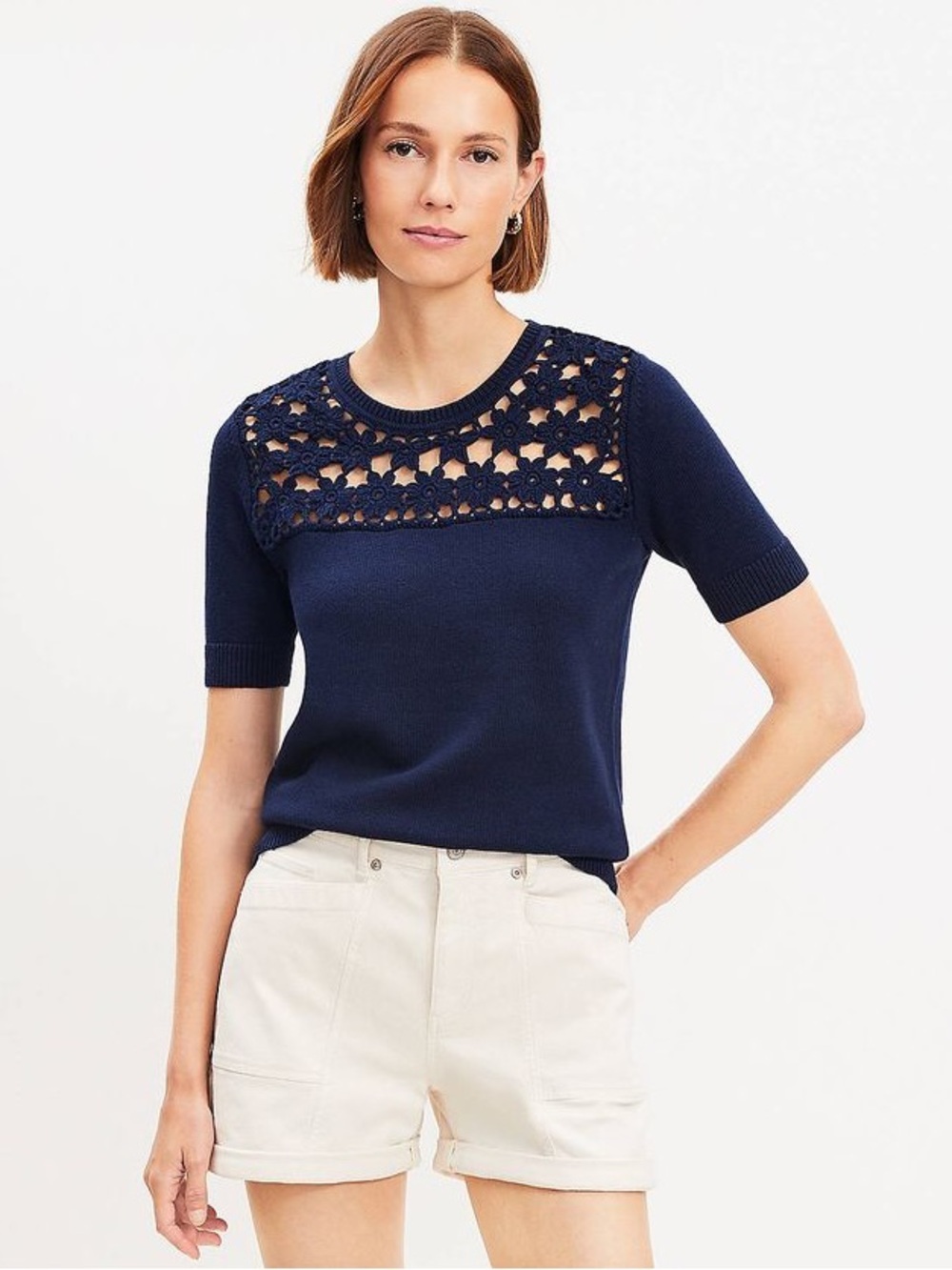 LOFT Navy Blue 100% Cotton Short Sleeve Crochet Yoke Sweater Size L